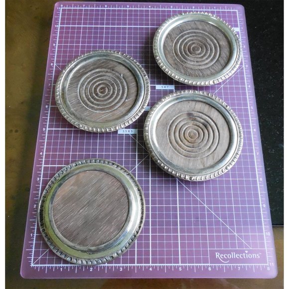 Frank M. Whiting Antique Sterling Silver/glass Large  4 Signed Frank M Whiting Sterling Silver & Wood Antique Coasters